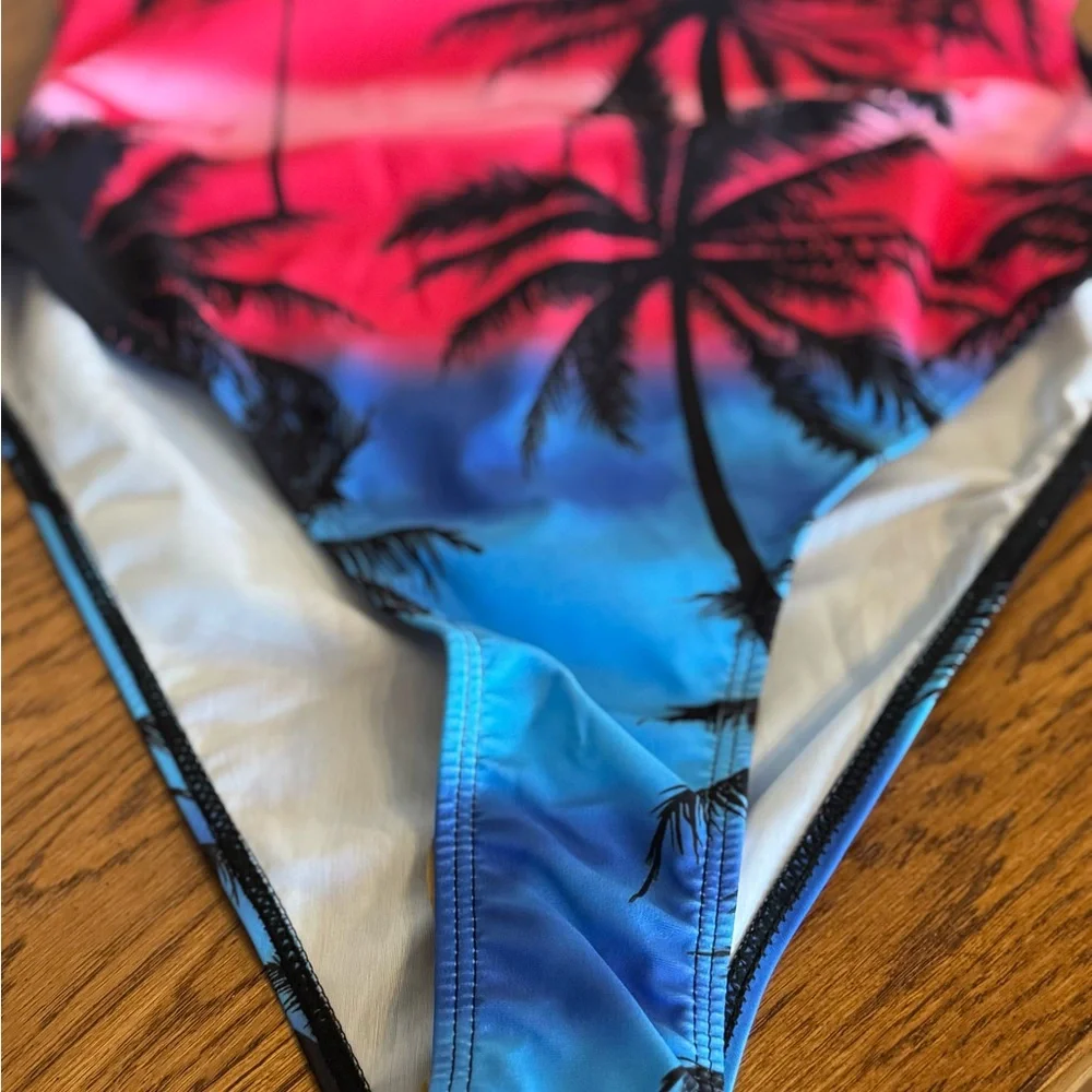 SHEIN BRAND, Women’s Sz (S) One-Piece Tropical Palm Tree Swimsuit - Pink & Blue - Picture 2 of 10